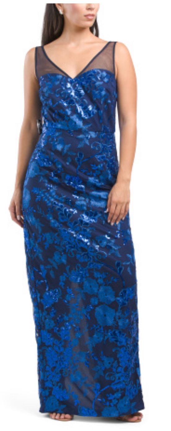 JS COLLECTIONS Sleeveless Sequin Gown With Illusion Shoulder