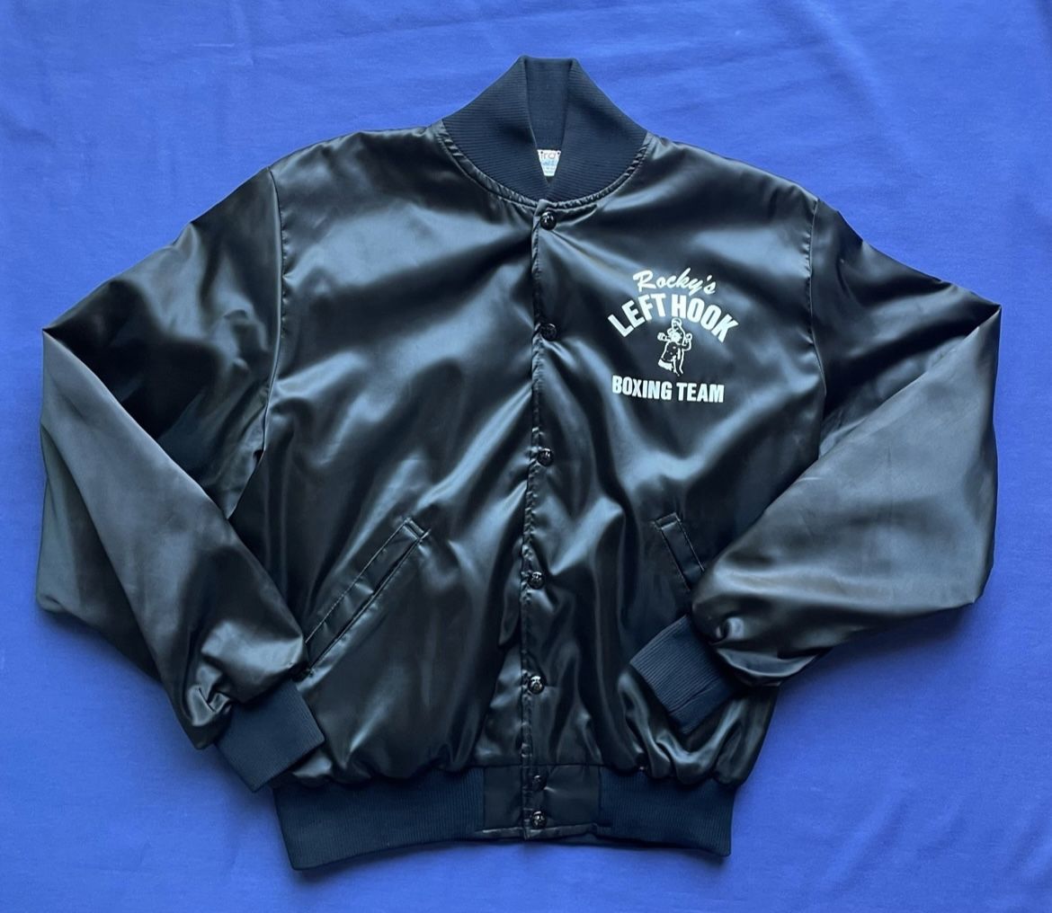 Vtg Rocky’s Left Hook Birdie By Richard A Leslie Snap Up Black Satin Jacket M