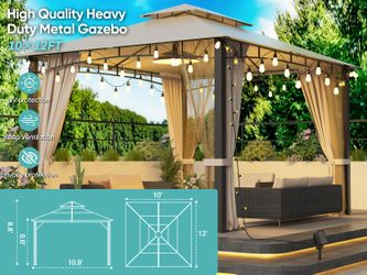 10x12 Softtop Metal Grill Gazebo with Mosquito Net&Sunshade Curtains,Heavy Duty Double Roof Canopy,Galvanized Steel Design Outdoor Tent,Suitable for G
