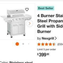 4 Burner Stainless Steel Propane Gas Grill with Side Burner