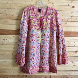 Lucky Brand Women’s Pink Yellow Multicolor Floral Paisley Print Tunic Top size L
