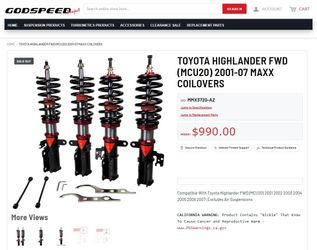 (Open Box) Godspeed MMX3720 MAXX Damper Lowering Coilovers Kit Strut Shock Spring Suspension For Toyota Highlander FWD (MCU20) 2001-07