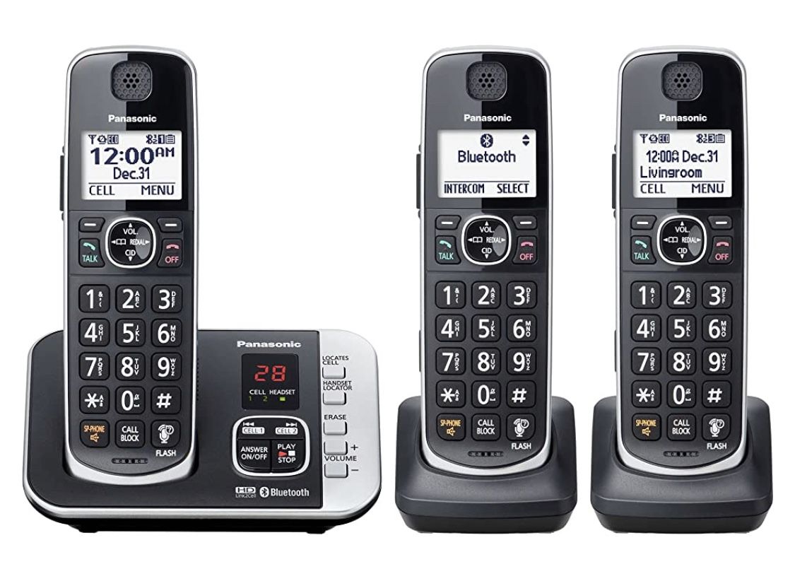 Panasonic Link2Cell Bluetooth DECT 6.0 Expandable Cordless Phone System with Answering Machine and Call Blocking - 3 Handsets - KX-TGE663B (Black)