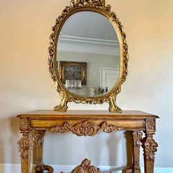 Beutiful hand carved solid wood table with large mirror