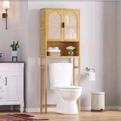 VEIKOUS Yellow Bamboo Over-The-Toilet Storage Cabinet 24.4 in. W x 66.9 in. H x 9.5 in. D with 3-Shelf and Rattan Doors