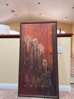 Large Signed Etched Wood Panel Art