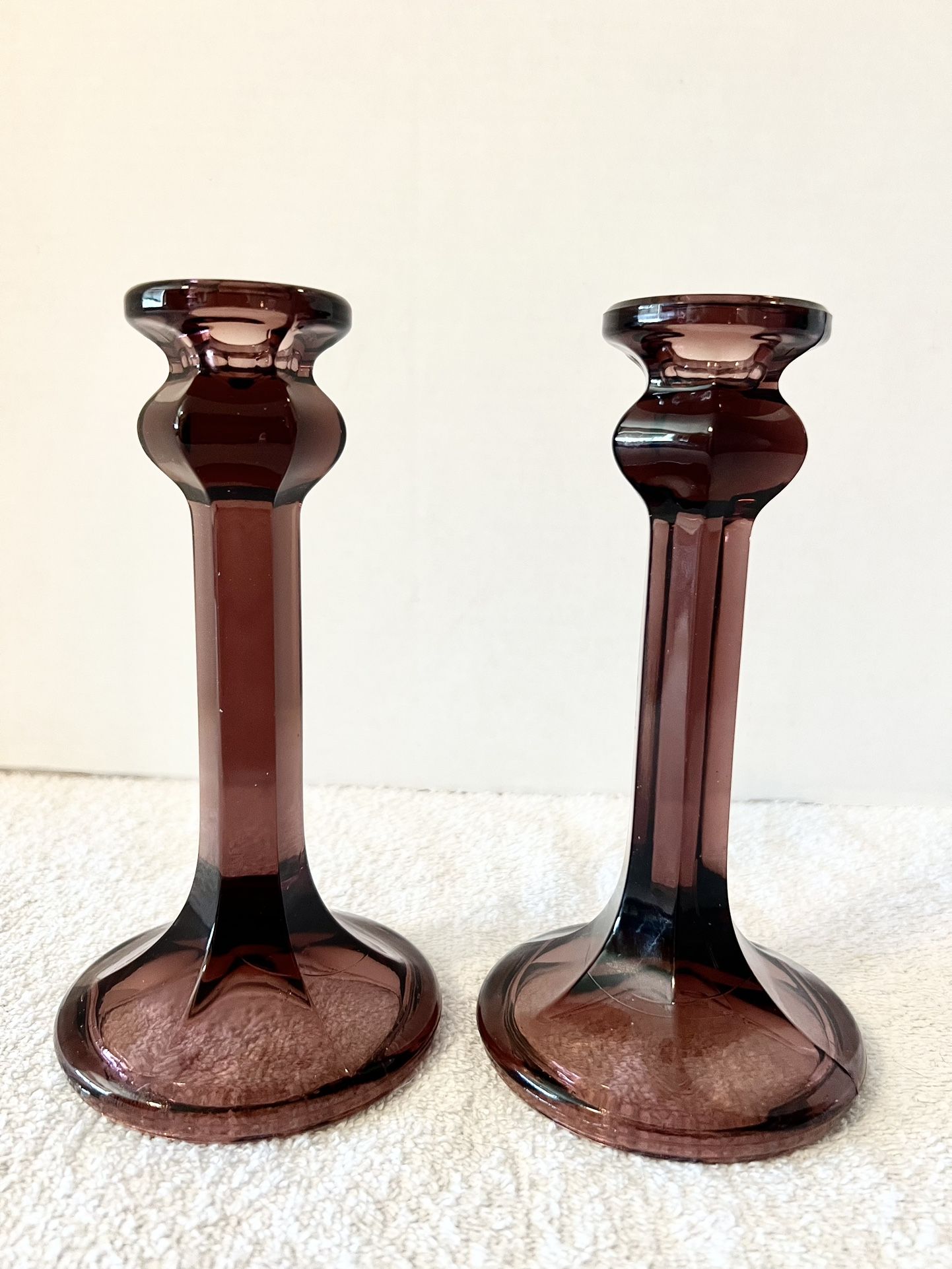 Set Of 2 1930’s Cambridge Amethyst Manganese Glass Candlestick Holders/Glow A Stunning Green