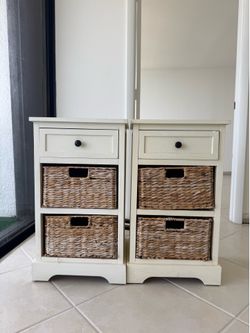 2 Bedside Tables with Drawer and Wicker Baskets