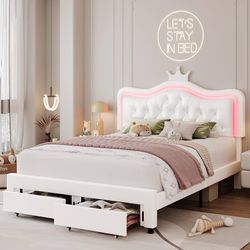Full Upholstered LED Bed Frame with Storage Drawer, Leather Princess Platform Bed with Adjustable Crystal Button Tufted Crown Headboard, Solid Wooden 