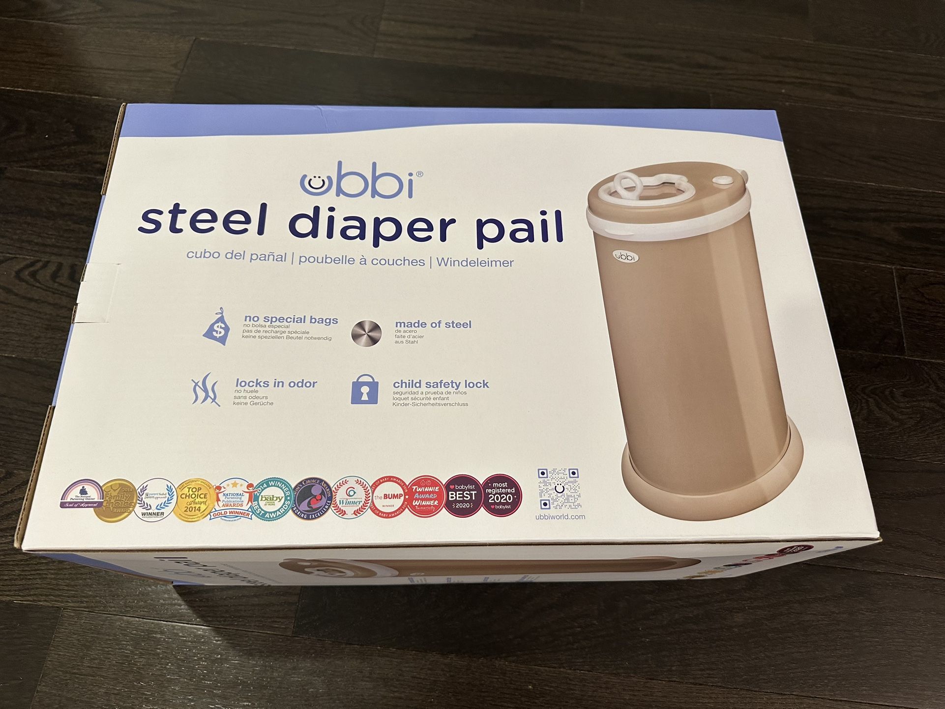 Ubbi Stainless Steel Diaper Pail, Odor Locking, No Special Bag Required -Taupe -NEW