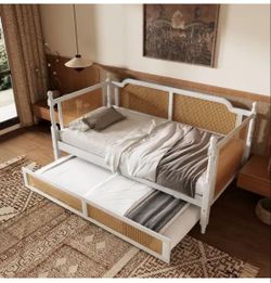 New White Wood and Rattan Daybed with Trundle