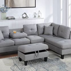 Light Gray Sectional Sofa Couch With Storage Ottoman 