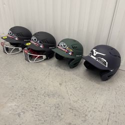 4-Helmet Bundle Lot – Rawlings + Mizuno – 2 w/ Face Guards – Batting Helmets