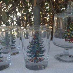 Christmas set of 4 22k Gold Rim glasses with a candy jar