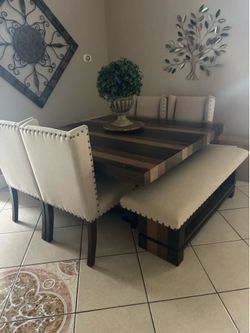 Modern Dining Set with Wood Table, Upholstered Bench & Chairs