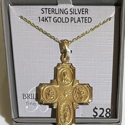Sterling Silver 14KT Plated Cross Pendant, 18" Chain