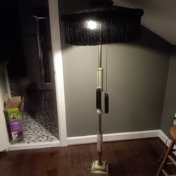 vintage art deco jadeite and bronze  lamp w black tasled shade  