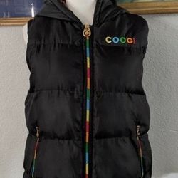 Coogi Womens Puffer Vest Sz Large L Black Rainbow Spellout Full Zip Pockets-Black-L