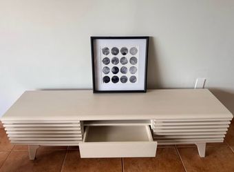 Whitewashed/ light gray oak finish mid-century modern TV stand / media console
