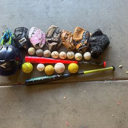 Baseball Gloves, Bats And Helmet