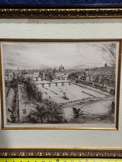 Jean Jules Dufour Signed Original Etching Paris Seine River Framed Vintage Art