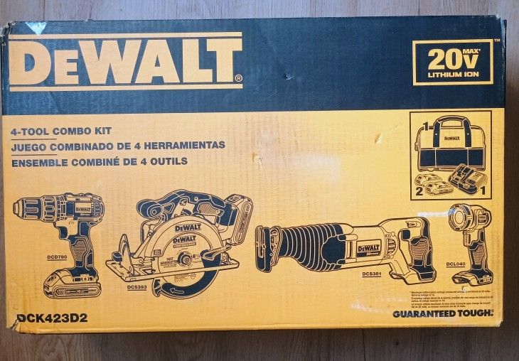 DeWalt 20V MAX 4 Tool Kit w/ (2)2AH Batteries, Bag, & Charger(DCK423D2)(NEW)