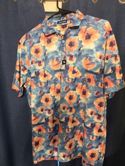 Bad Birdie Blue & Orange Floral Camp-Collar Polo Medium
