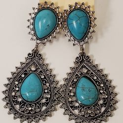 Bohemian Southwest Style Silvertone With Faux Turquoise Dangle Earrings 