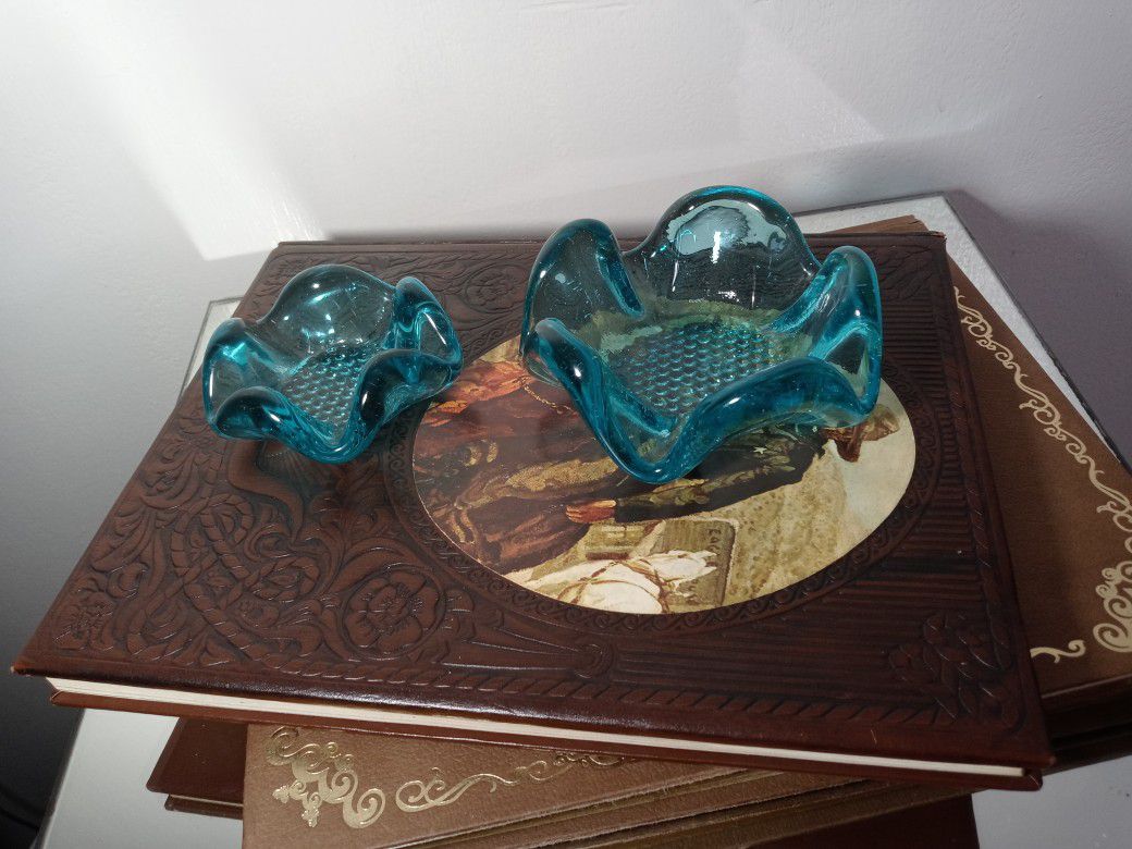  Vintage Stacking Blue Glass Ashtrays Set Of 2 
