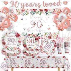 90th Birthday Decorations for Women, Rose Gold Fabulous Happy 90th Birthday Party Supplies, Paper Plate, Napkin, Cup, Backdrop, Balloon, Tablecloth, 9