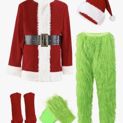 ADOMI Christmas Costume for Men Green Furry Monster 8PCS Deluxe Adult Santa Suit Xmas Outfit Set Halloween Holiday