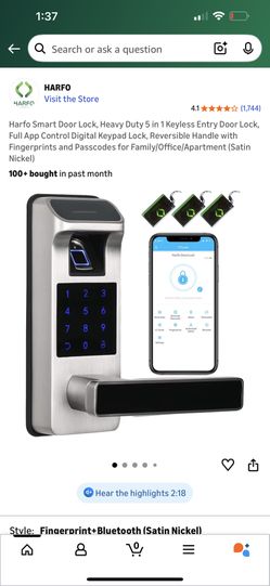 Harfo Smart Door Lock, Heavy Duty 5 in 1 Keyless Entry Door Lock, Full App Control Digital Keypad Lock, Reversible Handle with Fingerprints and Passco