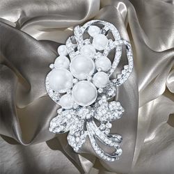 Vintage 2000s Modern Statement Silver Faux Pearl Rhinestone Floral Brooch, 3x2”