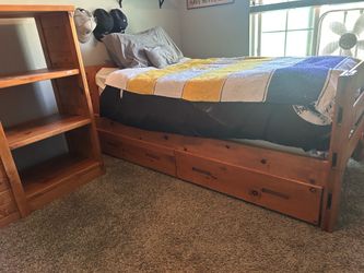 Solid wood twin bed and storage cabinet with drawers