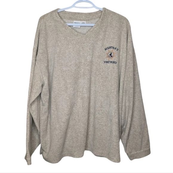 Vintage Martha's Vineyard V Neck Sherpa Fleece Cream Tan Embroidered Sweater L
