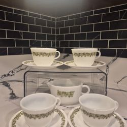 Crazy Dazy Pyrex Cup And Saucer Set With Creamer 