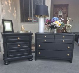 3 Drawer Nightstand and 3 Drawer- both Solid Wood- Black with Gold