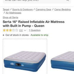 Serta 16" Raised Inflatable Air Mattress With Built In Pump Size Queen