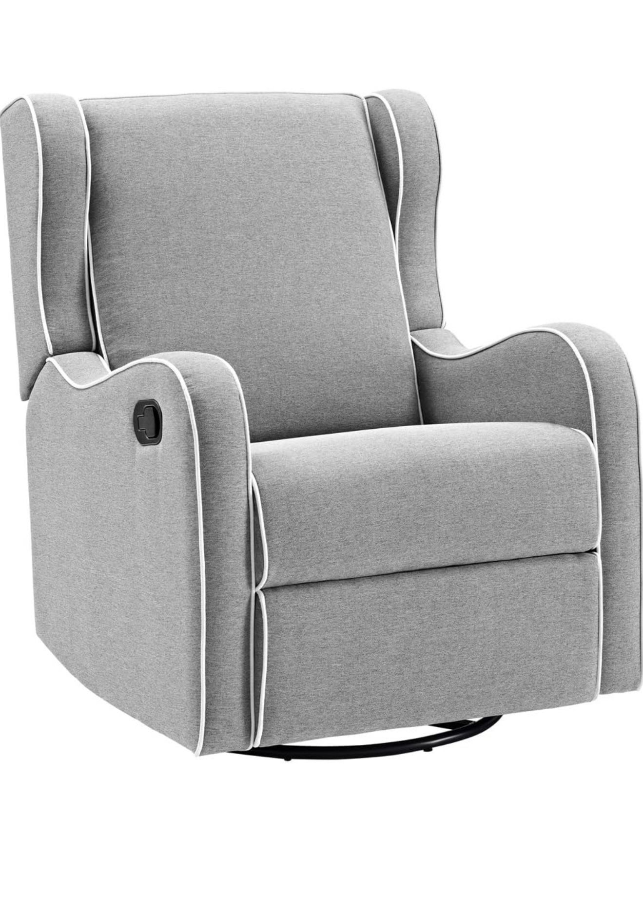 Angel Line Rebecca Upholstered Swivel Gliding Recliner, Gray Linen with White Piping - NEW