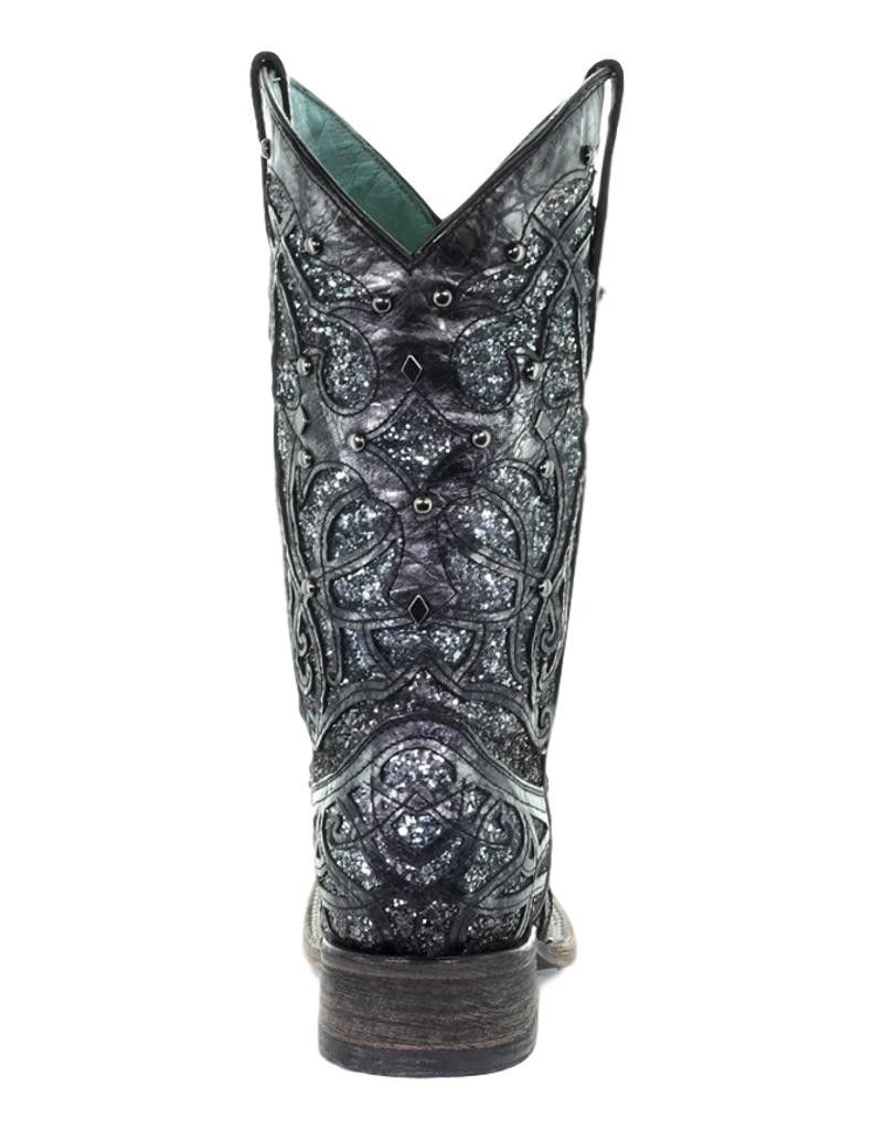Corral Western Boot Womens Square Glitter Inlay 7.5 M Black Gray C3404