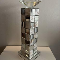 Modern checkered pillar candle holder made of beveled mirrors and capiz shells