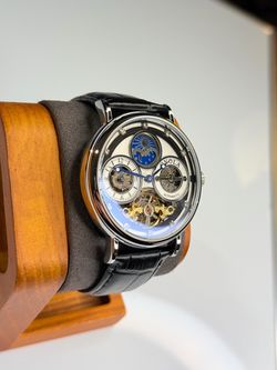 New Automatic Watch Reloj Automático Silver Black Leather | Sapphire Crystal | Moon Phase | Skeleton Dial
