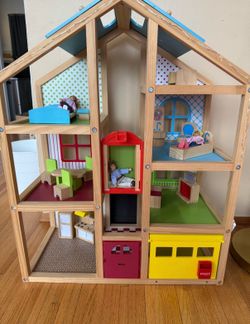 Melissa & Doug Wooden Dollhouse – Fully Furnished + Dolls Included