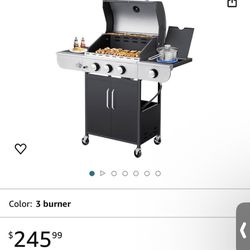3 Burner BBQ Propane Gas Grill, 34,000 BTU Stainless Steel Patio Garden Barbecue Grill with Stove and Side Table