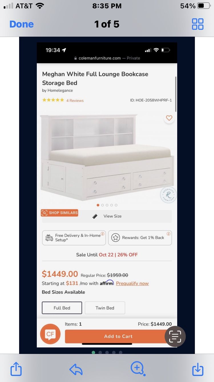 WHITE FULL LOUNGE BOOKCASE STORAGE BED