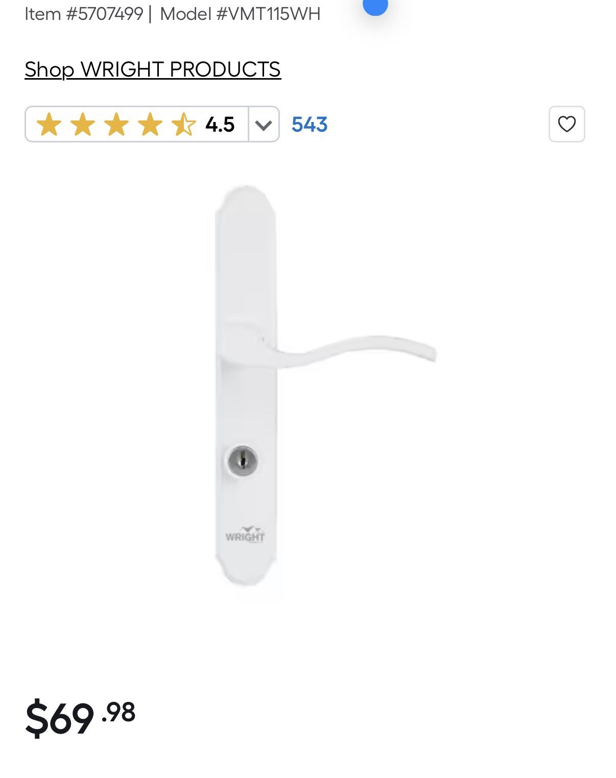 WRIGHT Storm Door Matte White Lockable Storm door Handleset