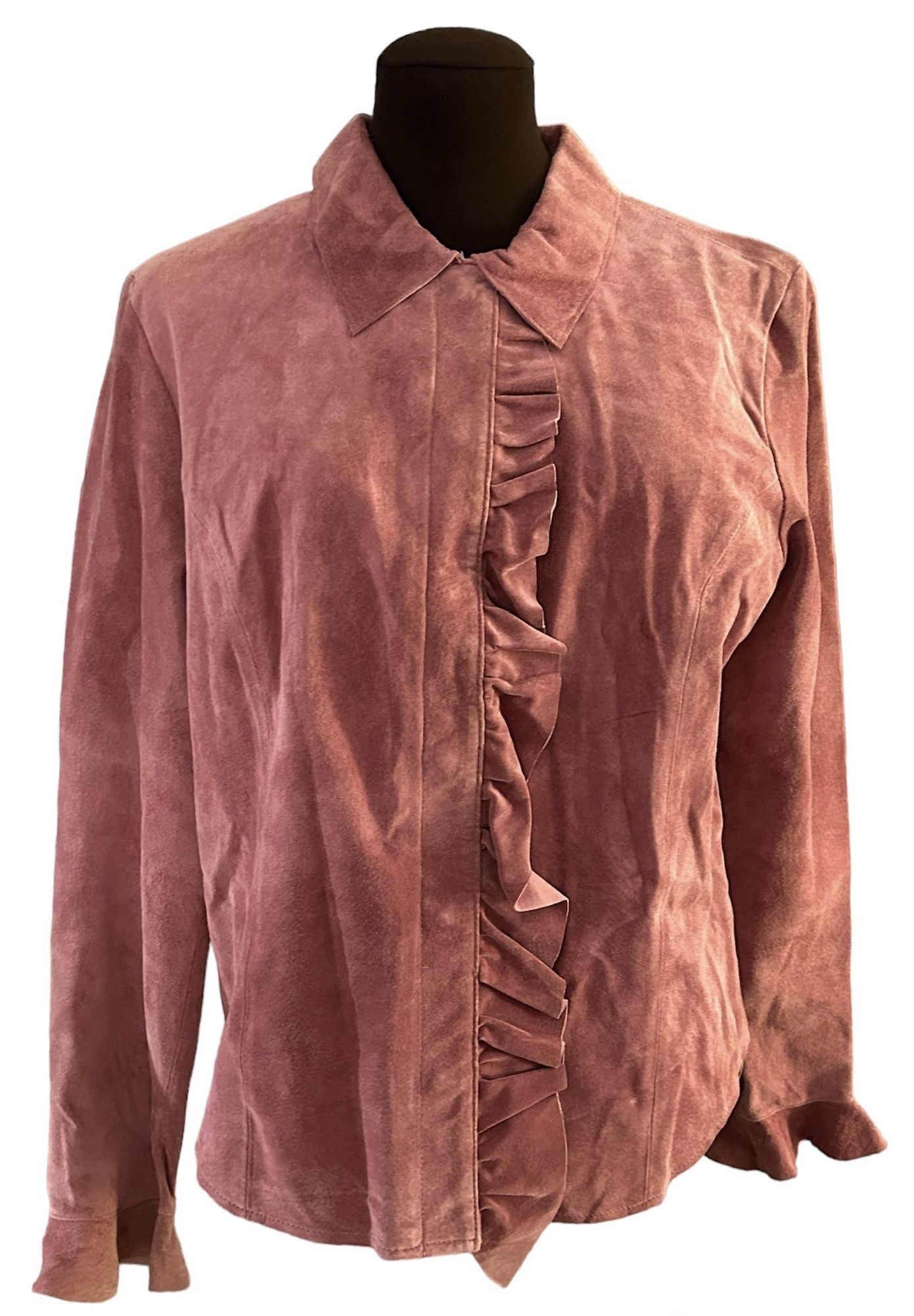 Margaret Godfrey Women’s Pink Ruffle Suede Leather Long Sleeve Blouse Jacket Size 12 NWOT