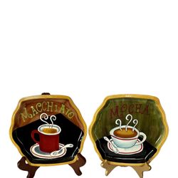 2 Vigor Hand Painted 8" Ceramic Coffee Plates with disc adhesive plate hangers