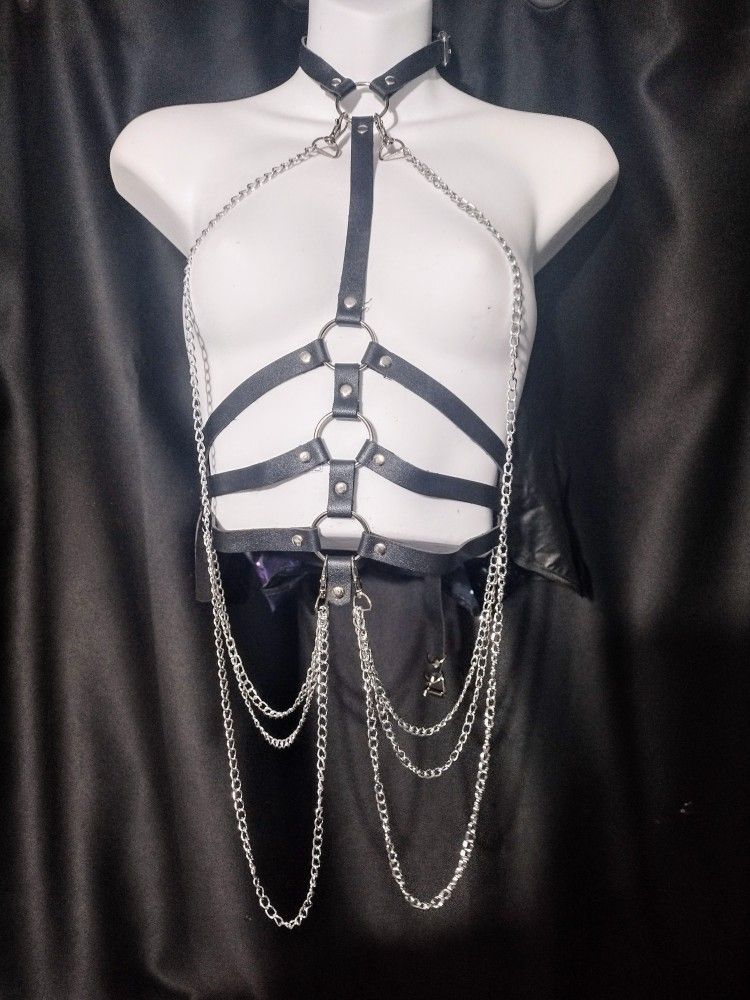 One Size Adjustable Black Strap And Silver Chain Body Chest Harness