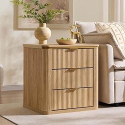 New 24" Large Mid Century Modern Fluted Nightstand with 3 Drawers, End Table, Natural Oak